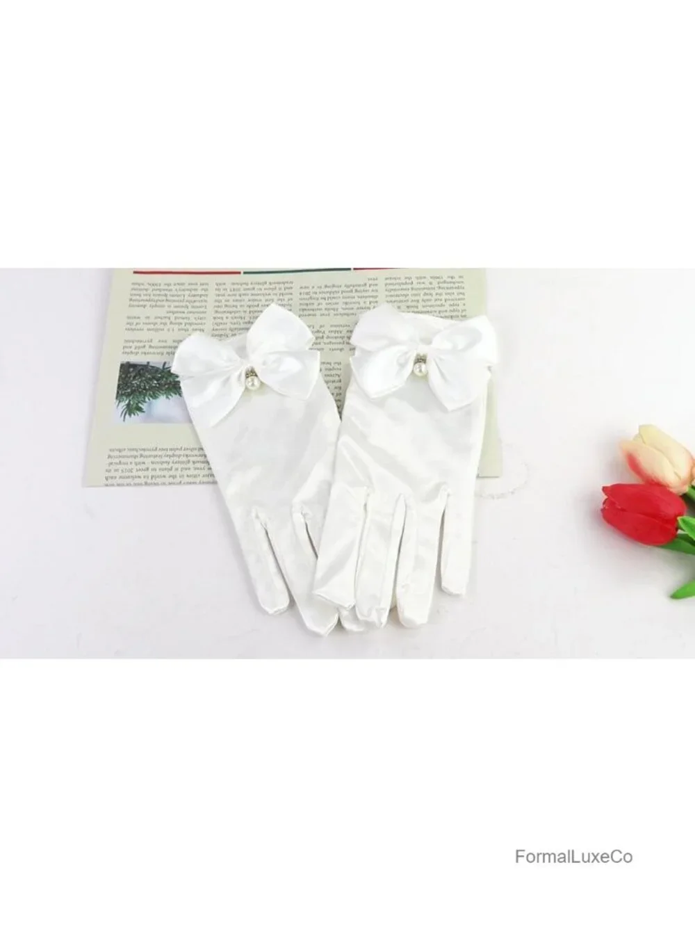 Satin Bow Pearl Wrist Length Dress Gloves for Women Wedding Opera Tea Party